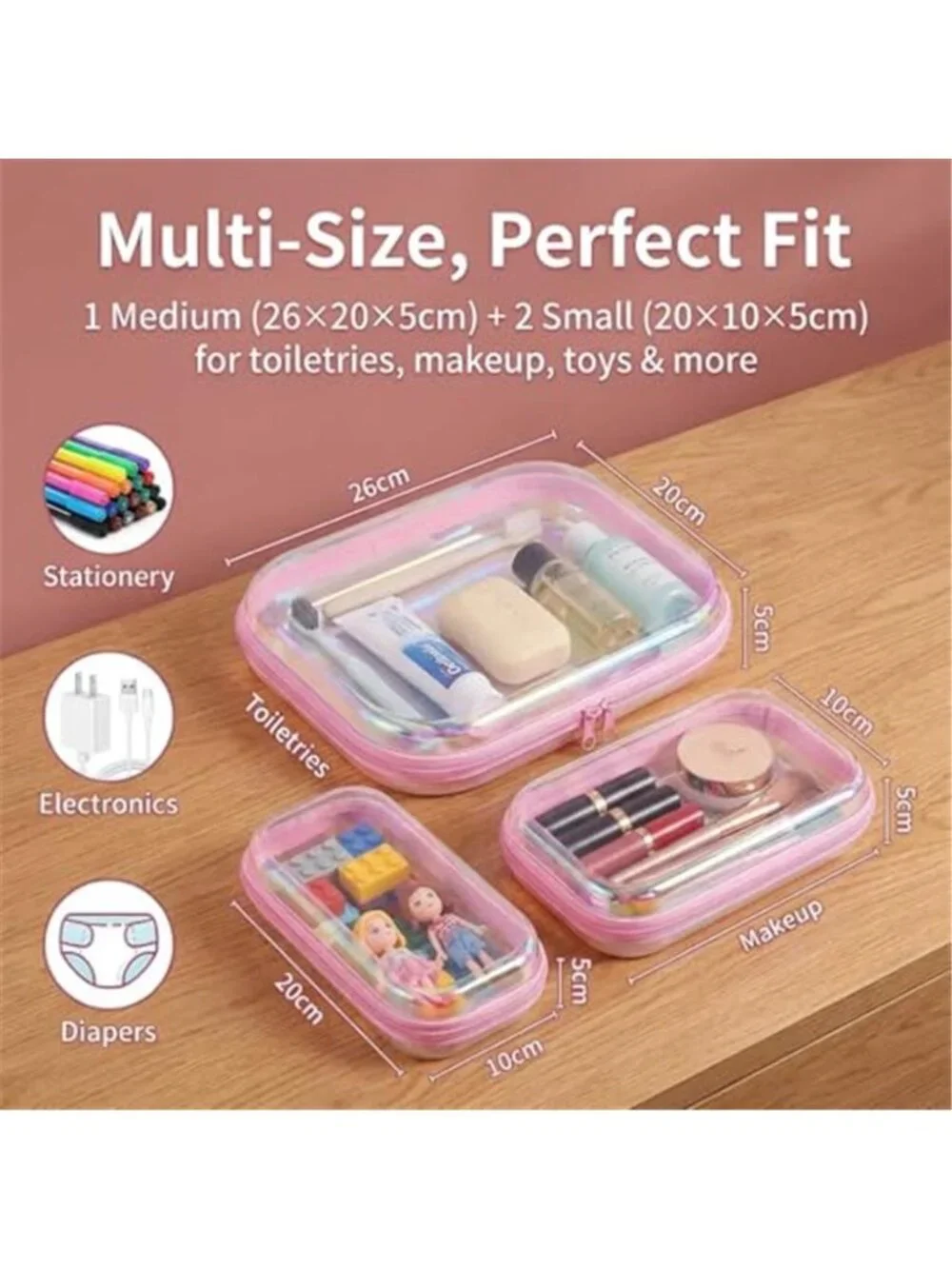 3Pcs Clear Hard Shell Zipper Case TSA Approved Toiletry Bags with Iridescent